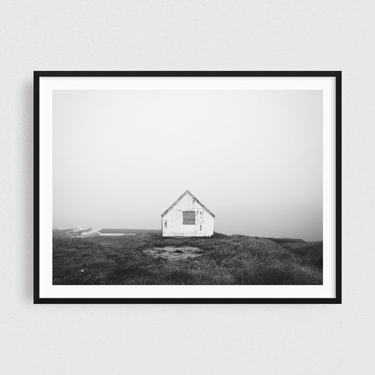 Black And White Iceland Landscape Photography Print - Old Rustic Cabin
