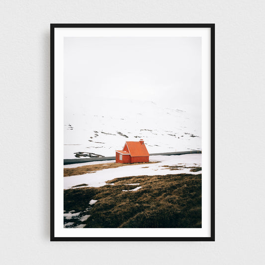 Iceland fine art photography print featuring a red cabin in winter
