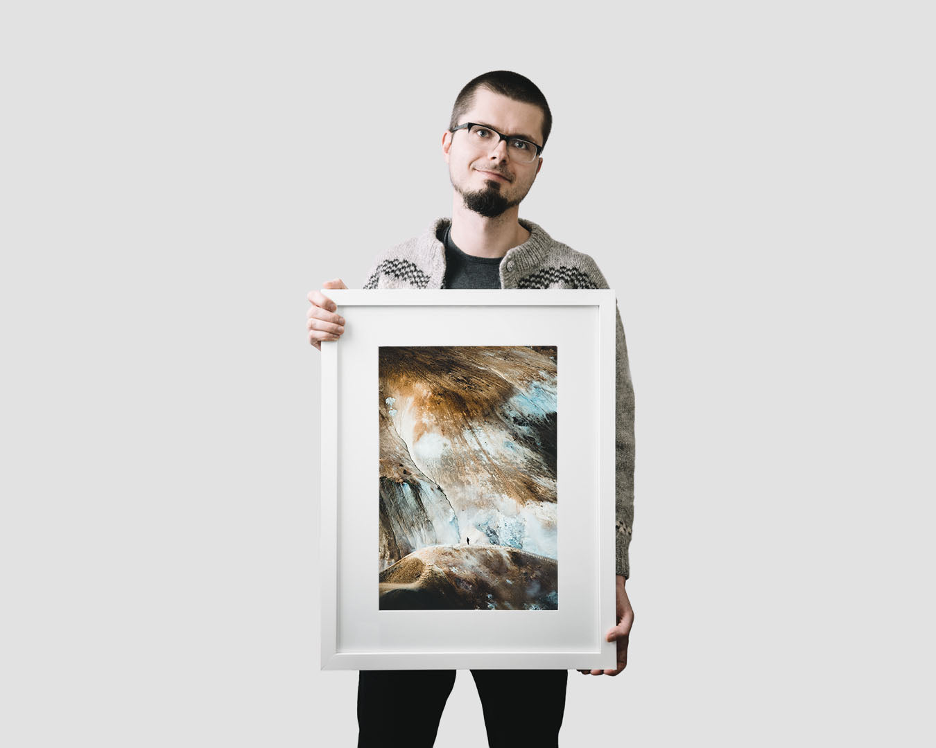 Nordic travel photography print featuring a lonely hiker in the geothermal area of Hveradalir in Kerlingarfjoll mountains in Iceland