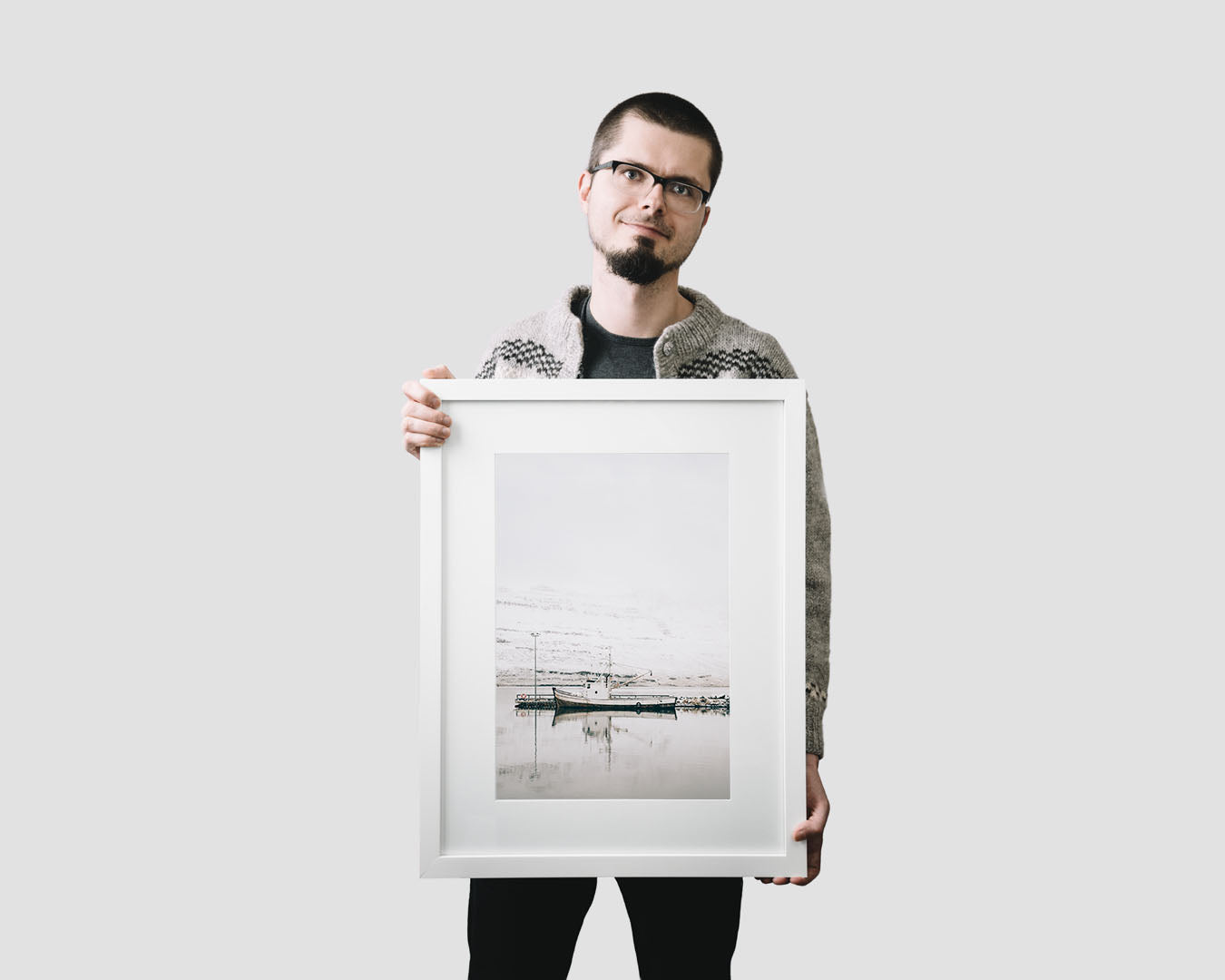 Nordic travel photography print featuring an old wooden fishing vessel moored in the fjord of Seydisfjordur, Iceland