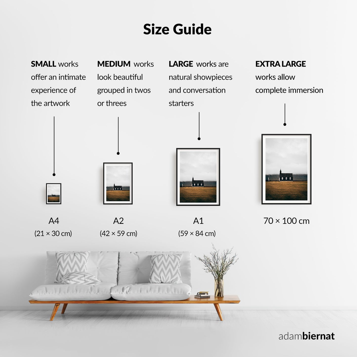 Size guide for Adam Biernat's artworks with corresponding dimensions and visual examples on a white wall.