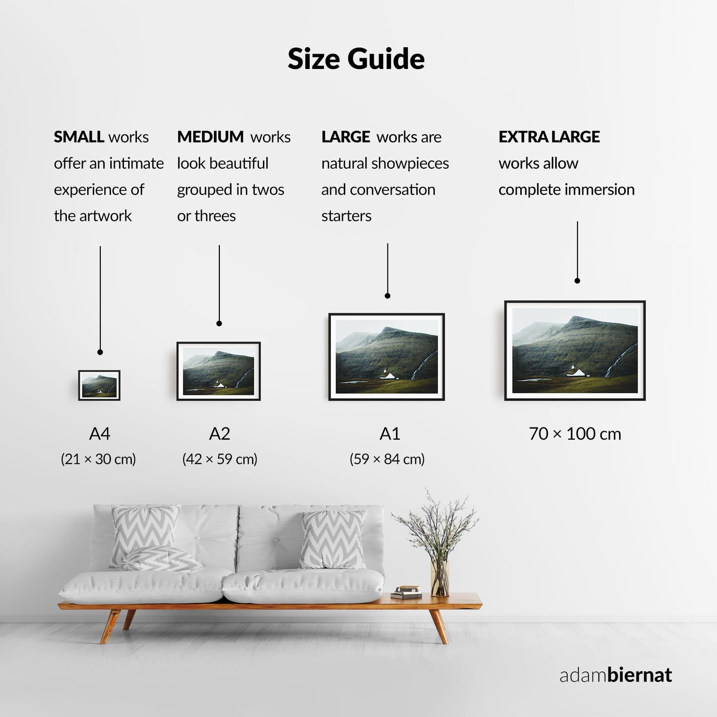 Size guide for Adam Biernat's artworks with corresponding dimensions and visual examples on a white wall.