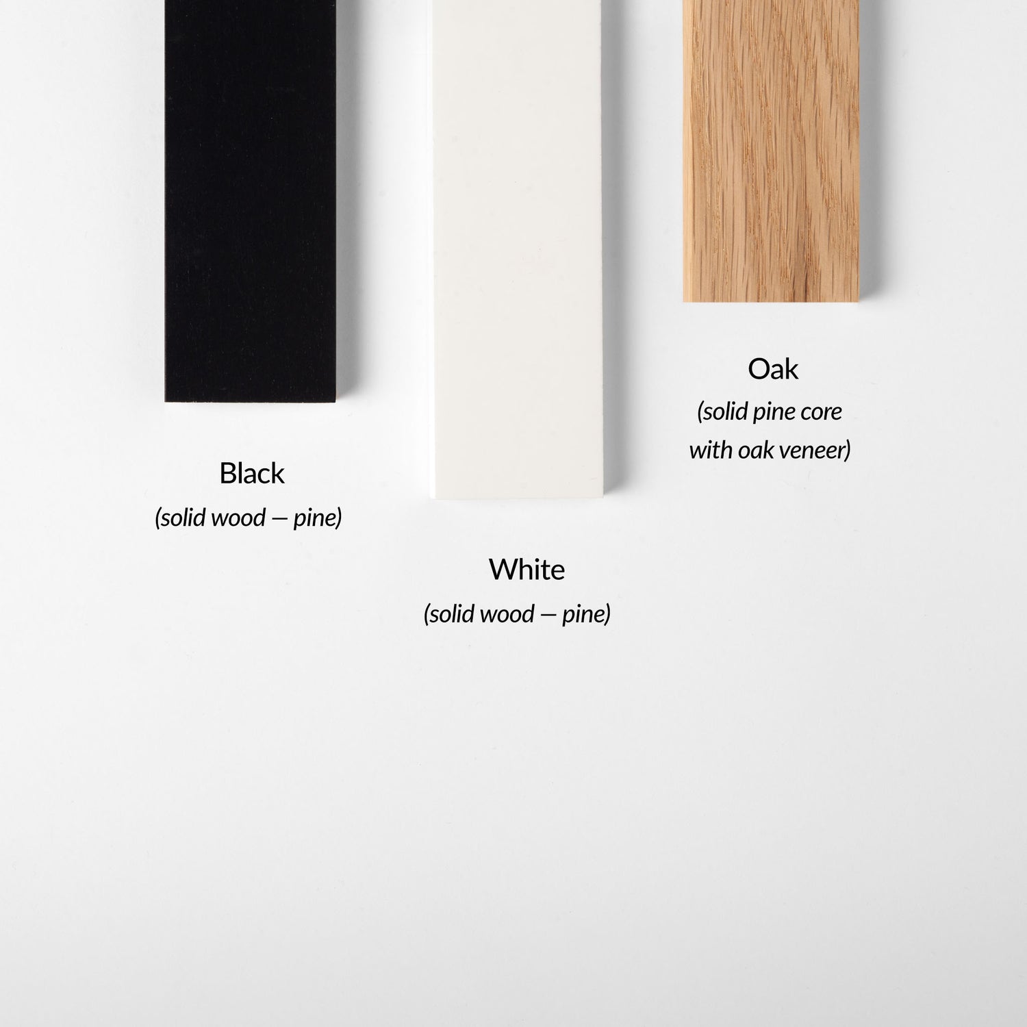 Three wooden samples labeled Black, White, and Oak on a white background.