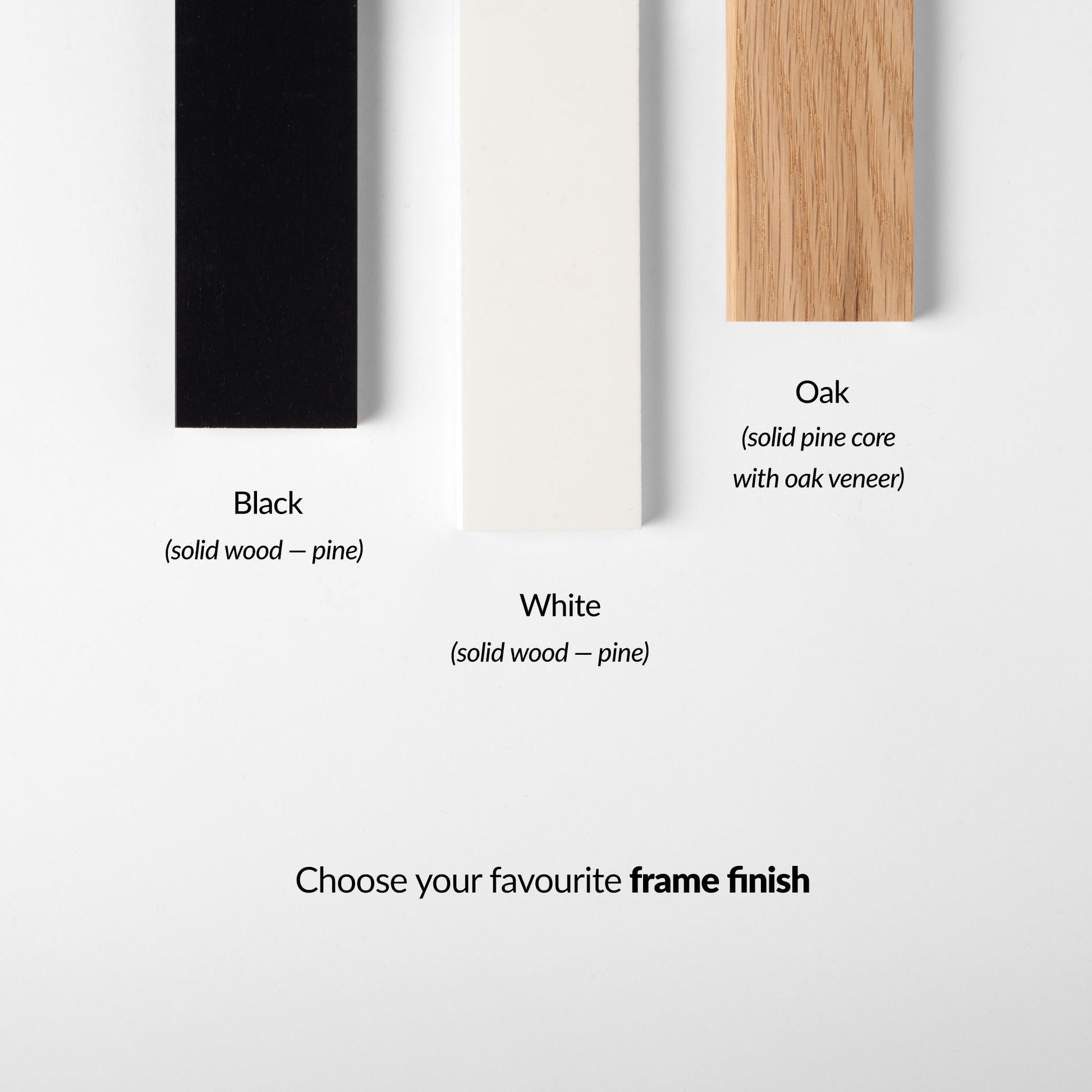 Three wooden panels in black, white, and oak on a white background with text describing each finish.