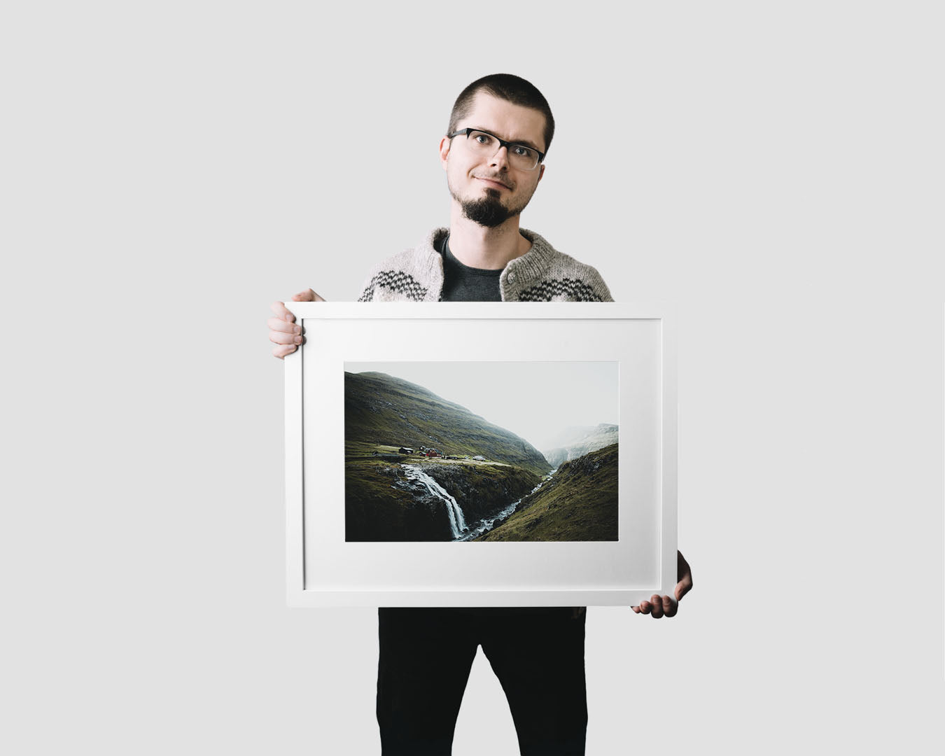 Nordic travel photography print featuring a waterfall in Saksun, Faroe Islands